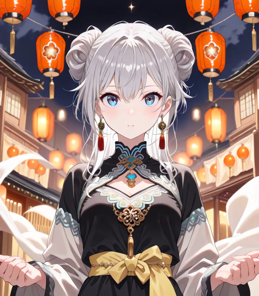 ( anime key visual ,  character emphasis , at viewer),  panorama, ( 1 girl, Alone,  Beautiful Double Knot Hairstyle , white &  gray hair),  Lantern Earrings ,  Earrings Shine , Women's Traditional Outfit ,  Beautiful Night Look ,  Break Beautiful Colorful ...