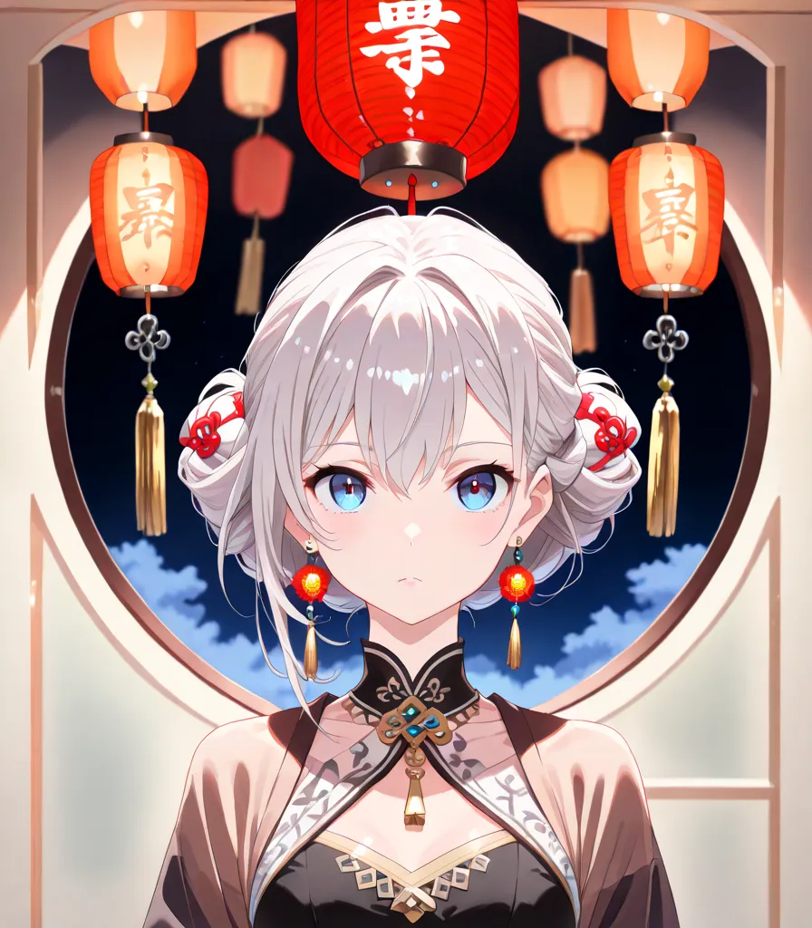 ( anime key visual ,  character emphasis , at viewer),  panorama, ( 1 girl, Alone,  Beautiful Double Knot Hairstyle , white &  gray hair),  Lantern Earrings ,  Earrings Shine , Women's Traditional Outfit ,  Beautiful Night Look ,  Break Beautiful Colorful ...