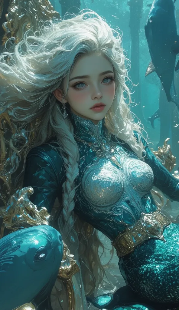 a beautiful mermaid, silver hair, floating hair, underwater, she is the queen of the ocean, she is on her throne, complex textures, intricate design, with sharks around her, cinematic, dramatic tone, under water.