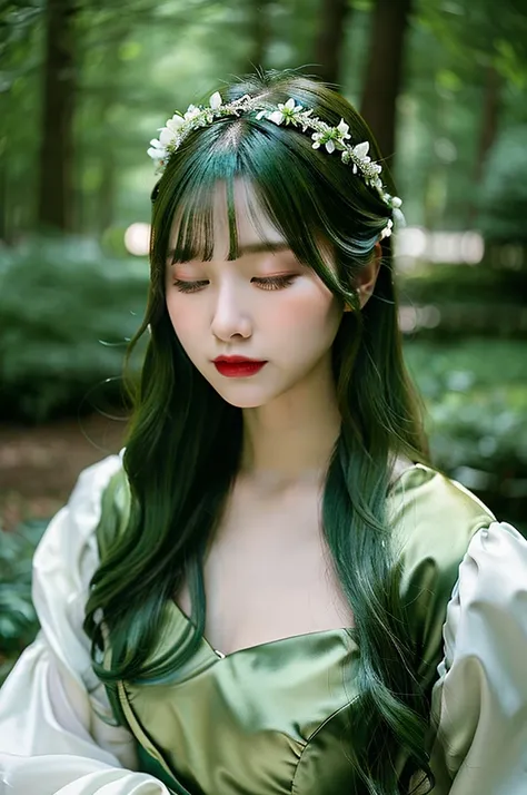 (Highest quality、((fullbody1.9))、8k、Best image quality、Award-winning works) "A highly detailed and realistic portrait of a mysterious and elegant green-skinned woman, resembling an ethereal forest sorceress or ancient mystical being. She has delicate, well...