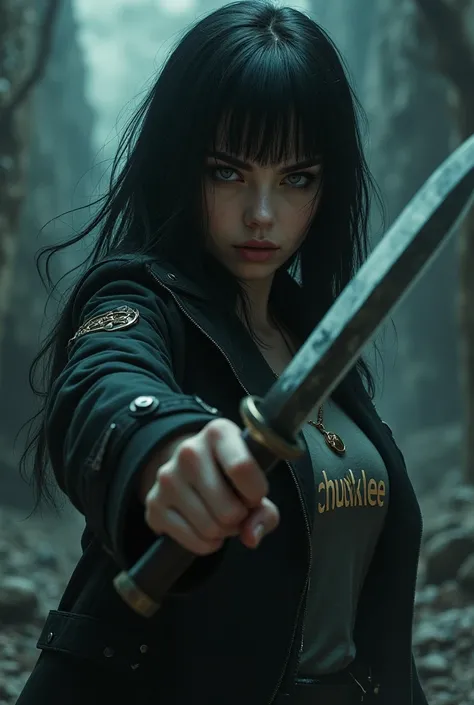 Woman that has black hair and a “chucklee” name on her clothes with a knife holding it and a cool background