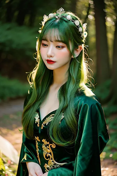 (Highest quality、((fullbody1.9))、8k、Best image quality、Award-winning works) "A highly detailed and realistic portrait of a mysterious and elegant green-skinned woman, resembling an ethereal forest sorceress or ancient mystical being. She has delicate, well...