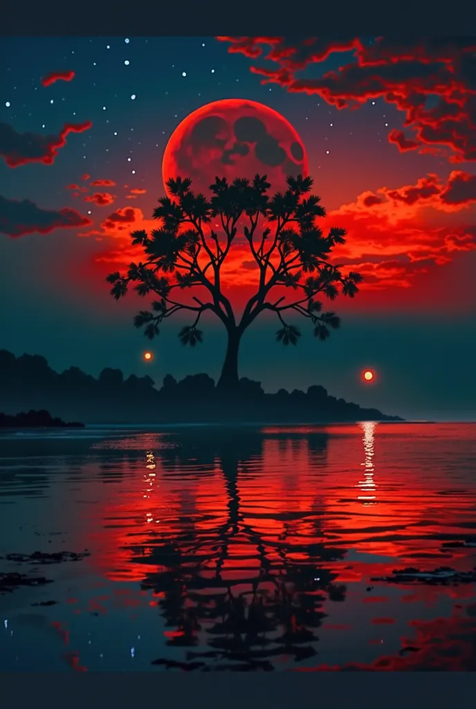 "A surreal night scene featuring a large, red moon rising behind a silhouetted tree, with its reflection visible in the calm water below. The sky is filled with stars and red-tinged clouds, creating a dramatic and otherworldly atmosphere.