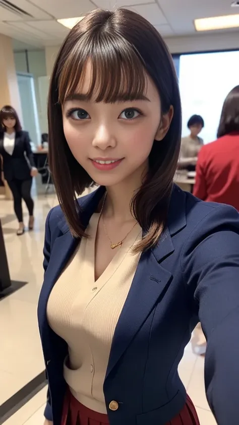 (navy blue check pleated miniskirt、 navy blue blazer)、White shirt、Thin Red Bow 、Medium breast、 Straight Bob Hair 、 Gold、 Natural Wave 、 Random Disheveled Bangs 、 blue eyes、Inviting face、Seductive face、enigmatic face 、 Bright Lights、Bokeh、Angle from the sid...