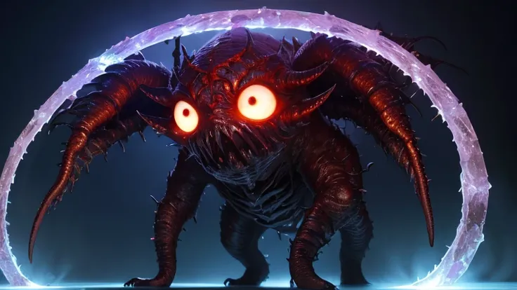 A nightmarish eldritch horror, covered in writhing black tentacles tipped with glowing eyes. Its massive, otherworldly form emerges from a dark abyss, radiating an aura of fear and madness. Jagged, crystalline growths protrude from its grotesque body, puls...