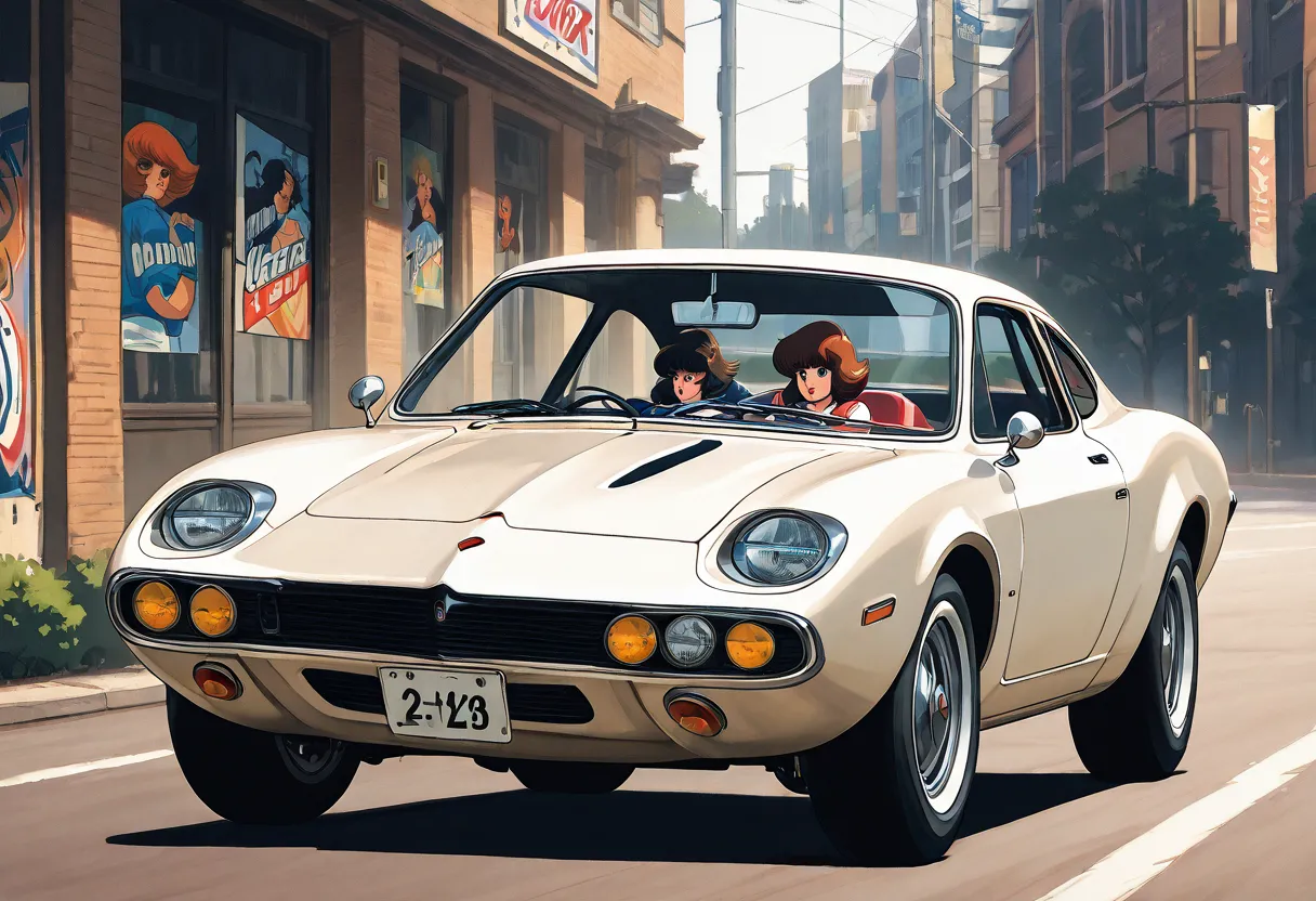 70s Style, Classic Sports Car, Running around the street, Poster Style