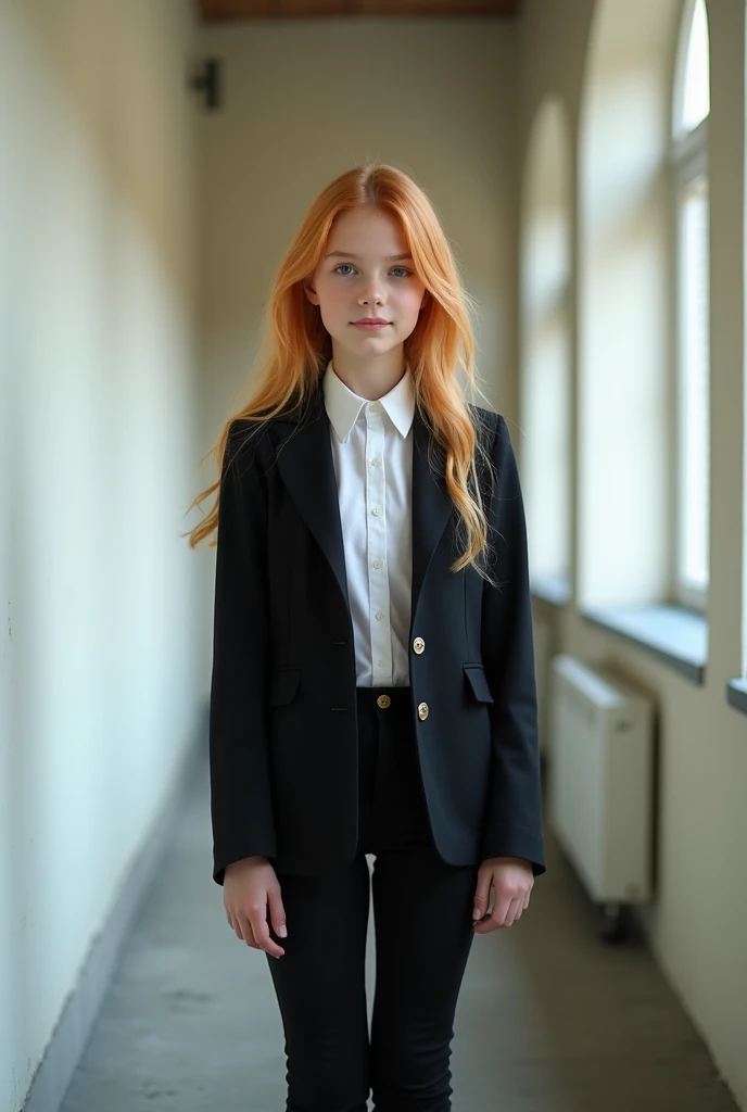 girl, stands in a wide corridor near the wall, with her back to the wall , Light colors, near the window,  Looking at the viewer, blond red hair , black buttoned blazer,  white shirt, the sleeves become slightly wider near the hands,  hands in a free posit...