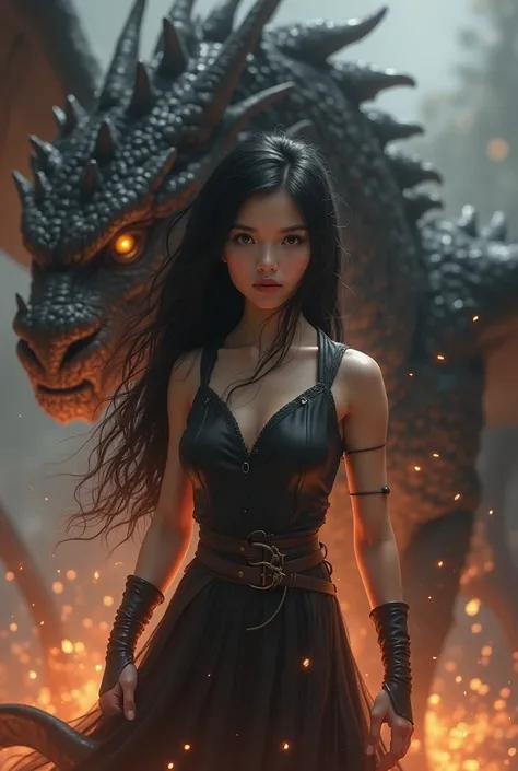 beautiful black haired girl, heroic and feminine stance, wearing dress, with courageous expression, a fierce dragon behind her, dragon is huge and side view, fantasy vibe, realistic, blurred fire embers floating from beneath