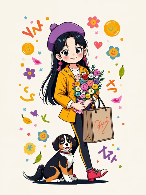  Yeoniu Choi's healing stick figure style，Cartoon illustration, solid background , a beautiful and stylish long-haired girl ,Wearing a beret ,Carrying a canvas bag,Holding a bouquet of flowers in his hand, with a dog ,Minimalism,healing illustration