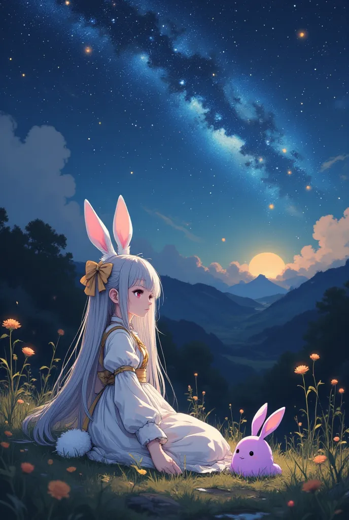 ( masterpiece, best quality:1.2), little cute rabbit girl , girl\((Big ribbons on the ears, cute ribbon、gold ribbon ),Rabbit tail , rabbit ears, very fluffy ears 、White Ear、 very long hair,Gray Hair,Warm deep red eyes ,  sparkling eyes, I closed my mouth, ...