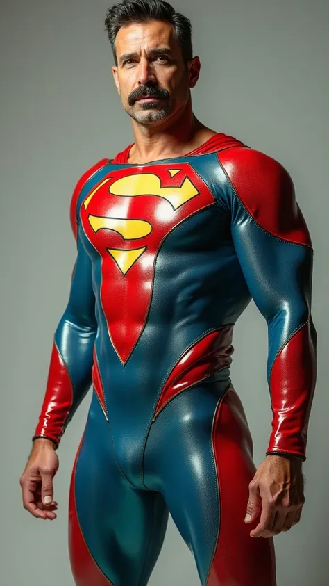 dad, mid 40s, wearing a shiny latex body suit that resembles superman colors, he has a thick mustache with a short stubble beard, like a firefighter mustache