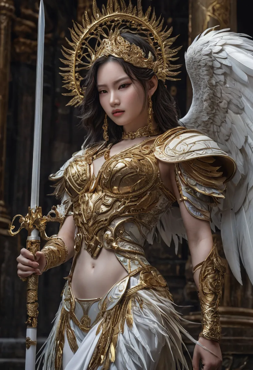 Beautiful angel、Golden Feather、 muscular body、Ancient Weapons 、Majestic architecture、 dark background、 Soft Light 、 fantastic atmosphere、Strong impression 、 Detailed Textures 、Metal feathers 、 dynamic pose 、god々Strong presence、 body like marble sculpture、 ...