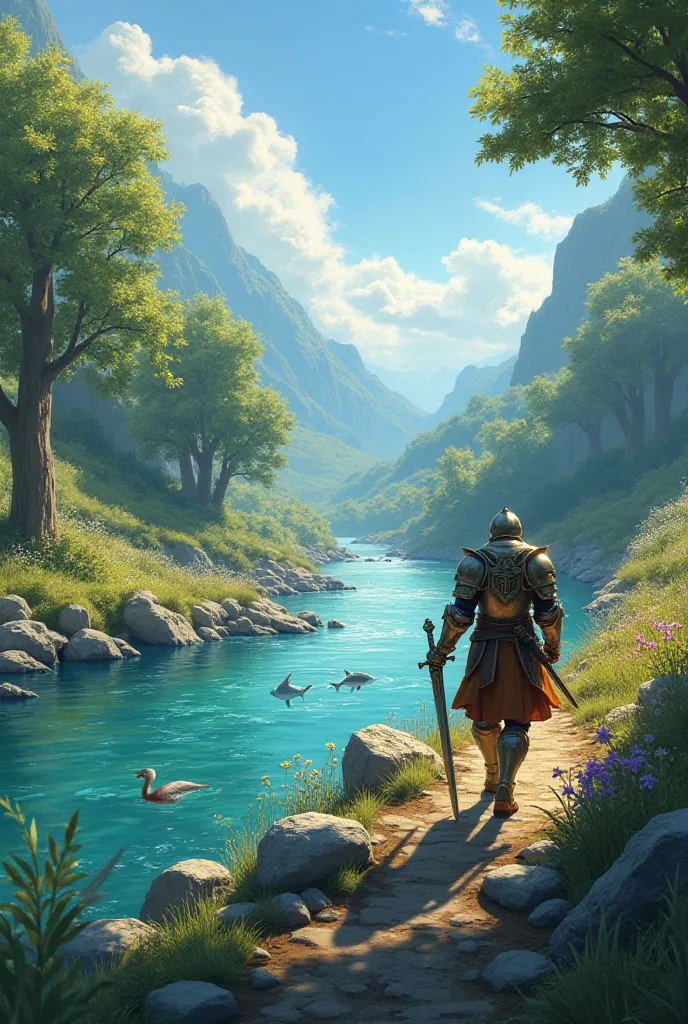 An adventure knight walking besides a river