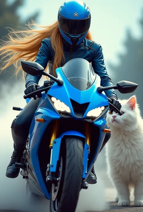 I want a blonde biker princess on a blue Yamaha r7 motorcycle with two very large and chubby white cats in the background ragdoll breed wears a helmet the blue princess only her hair can be seen 