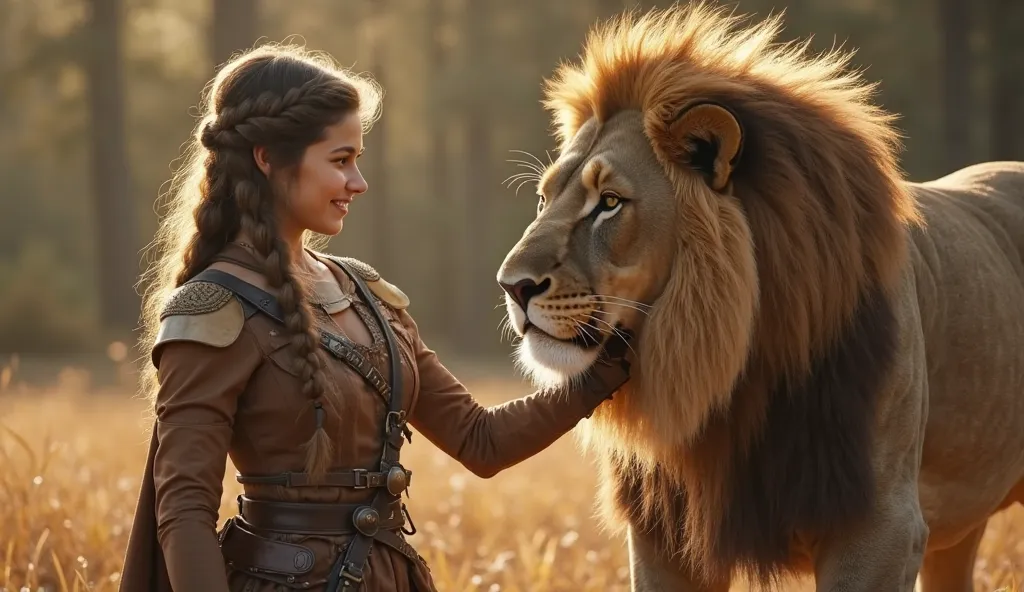 A realistic video 4K Dolby vision of an lion walking in front of the camera Hyperrealistic A brave 25-year-old viking girl steps into a leadership role during the battle against the White Witch's forces in Narnia. In a quiet moment between the fights, she ...