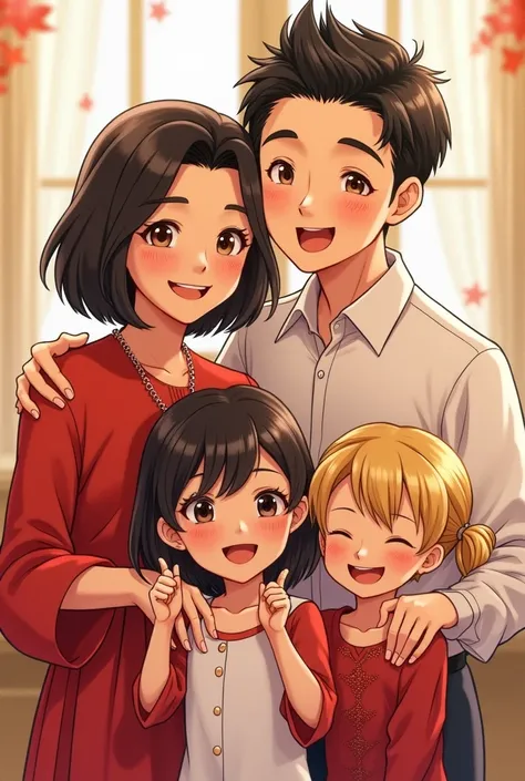  Create an image of a lively family,  mom short black hair , Daddy short black hair,   dark-haired daughter , yellow-haired  girl, all dressed in red and white 
