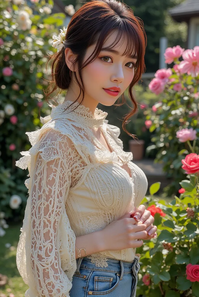 Photorealistic, hyper-high resolution digital portrait of a woman standing in a garden, dressed in elaborately detailed clothes. Focus on hyper-realistic proportions: 1.3. The woman wears a bold, feminine, elaborately detailed dress, matched with a delicat...