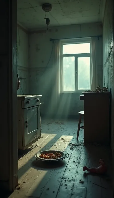 A camera moves slowly inside an empty apartment in Pripyat : . Food is still on the table, and a 's toy is thrown on the ground