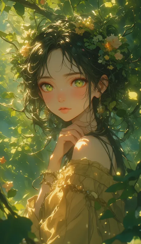 A luminous, cinematic keyframe depicting a close-up of a nymph with striking green eyes, enveloped by lush, vibrant foliage of the forest. A delicate, floral wreath adorns her head, complementing her slender features, while a diaphanous, earth-toned tunic ...