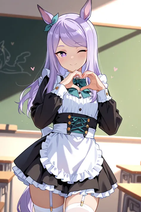 mejiro mcqueen (umamusume), ( umamusume),nsfw, masterpiece,  top quality,  very dramatic pictures in classroom,  beautiful eyes,  Cinematic Lens Effects ,  cute,  Anime,  cute, heart hands, woman in maid clothes, mini skirt, ruffled petticoat , Long Sleeve...