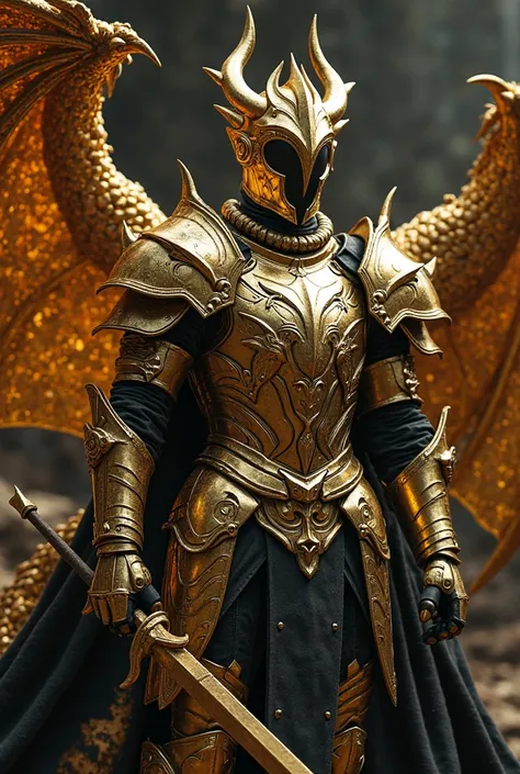 a blackgolden knight, in a magical mighty armor made entirely of pure blackgold. the helmet is very modern and cool, full of sharp golden points and details. just like the rest of the body. behind him goes a giant golden dragon tail in the air. it is an ar...