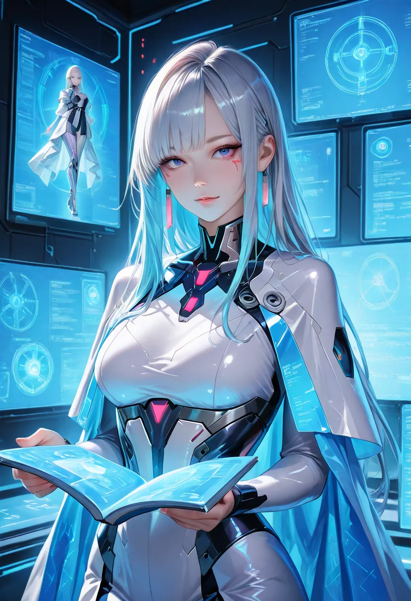 A stunning holographic AI assistant, glowing with futuristic blue and silver hues, elegant and sophisticated, wearing a sleek, form-fitting outfit with glowing digital patterns. Her hair is soft and flowing, with a subtle holographic shimmer. The backgroun...