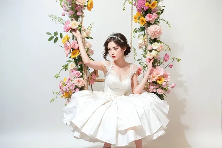 arafed girl in a white dress sitting on a swing with flowers, covered with flowers, girl in flowers, modeling photography, studio portrait photography, cute photo, award winning photo shoot, award winning studio photo, high quality portrait photoshoot, ful...