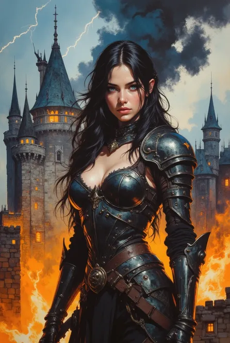 oil painting, sexy girl 25 years old, long dark hair, bright blue eyes, black sexy fantasy elegant forged armor, pants, watercolor background of a gloomy castle, black fog, dynamic pose, roaring magic around, fire, lightning in the sky, hip-length portrait...