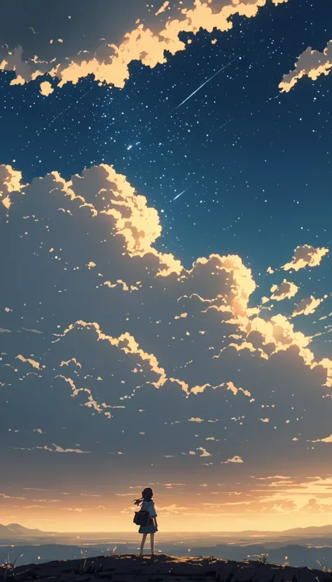 Cloudy, textured clouds anime style Alone niña!!!! minimalista! serca de un acantilado contemplando el cielo expansivo lleno de nubes esponjosas, iluminadas con luz dorada the stars
, Makoto Shinkai Cyril Roland, 4k anime art wallpaper, 4k anime art wall...