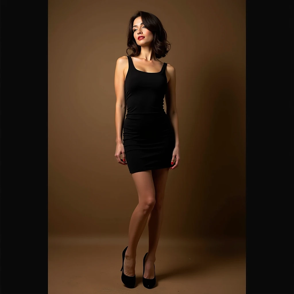 ( masterpiece), (( full body shot )), 42 year old wonderful French woman with shoulder-length dark brown hair, she is petite. (Bob Guccione :1.3), ((( full body shot ))),  She is wearing a classy short black cocktail dress,  and black high heels , She is s...