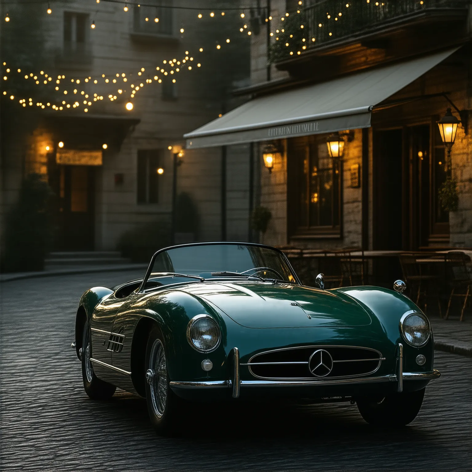 classic sports car, 1950s,  Dark Green , The cobblestone town , Cafe lights ,  Quiet Night,  European style , Retro,  romantic