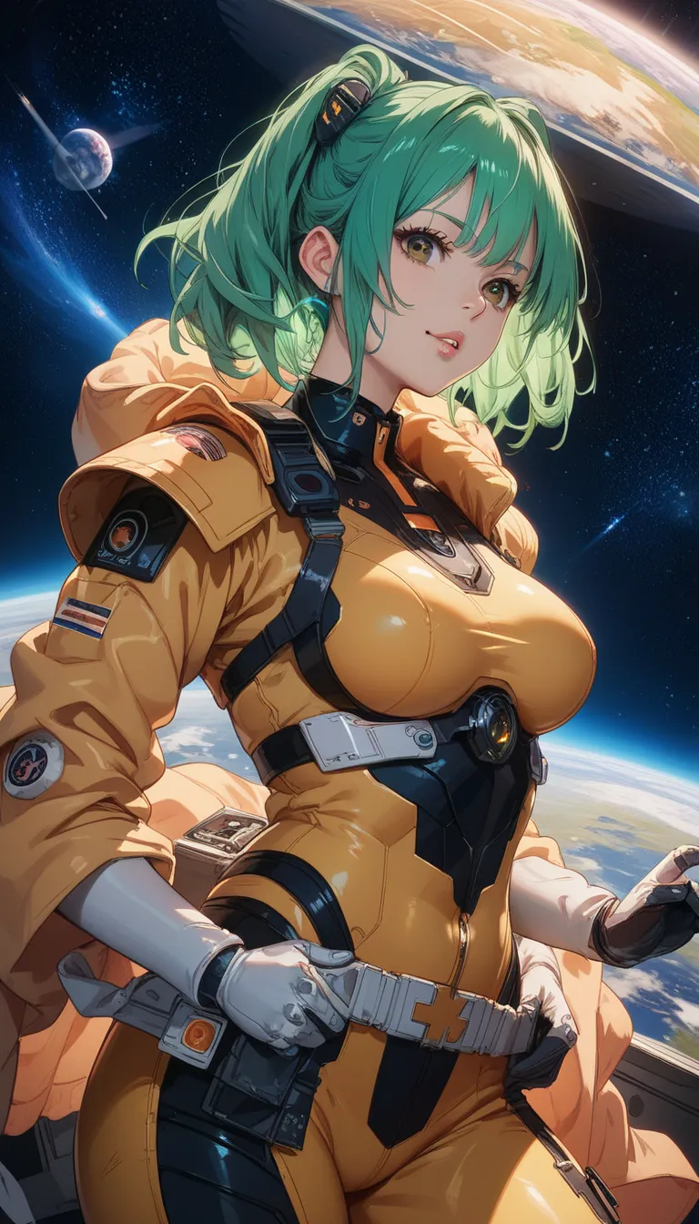  An anime girl with shoulder-length green hair and warm brown eyes, dressed in a sleek, black-and-yellow color space pilot suit with metallic patches on her shoulders. , space theme,space theme, space girl, background lit with a space planet and The futuri...