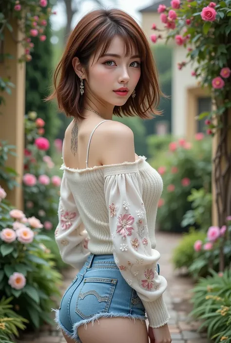 Photorealistic, hyper-high resolution digital portrait of a woman standing in a garden, dressed in elaborately detailed clothes. Focus on hyper-realistic proportions: 1.3. The woman wears a bold, feminine, elaborately detailed dress, matched with a delicat...