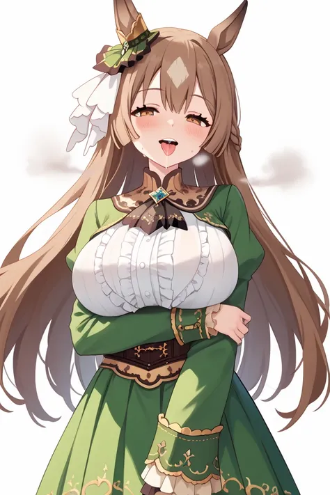 1woman ,Satono Diamond (umamusume),sleeves past wrists, sleeves past fingers, frilled sleeves, frills, long sleeves, corset, green dress, braid, ascot, green jacket, green skirt, black thighhighs, boots, white footwear, femdom, (green bra),(visible through...