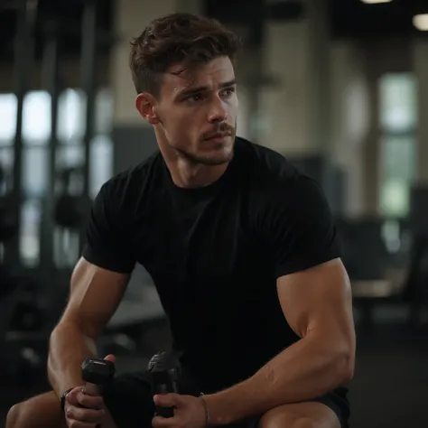 28 years old boy sitting and doing dumbbell workout, blurred gym background, black half tshirt, black short, more than beginner level fitness, latest dslr focus, hyper realistic, ultra-detailed, original hd, ultra realistic, full body, 