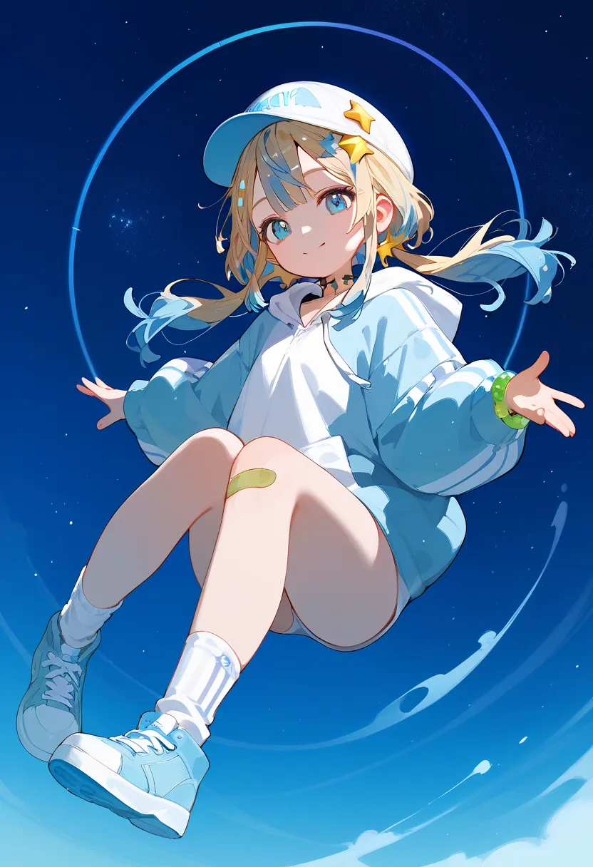 Score_9,Score_8_up,Score_7_up,highest quality,detailed, twintails,hoodie, multicolored hair,blue hair,cap,blue eyes, socks,low twintails,jewelry,bangs,bracelet,choker, star (symbol), star hair ornament, blonde hair,bandaid on knee,floating,night sky,stars,...