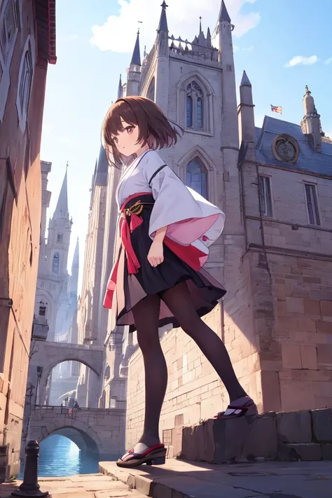 "A Japanese woman with short brown hair, wearing a modern outfit, standing in the middle of an ancient city in an alternate world. The city is filled with towering castles, floating islands, and futuristic machines blending with medieval architecture. She ...