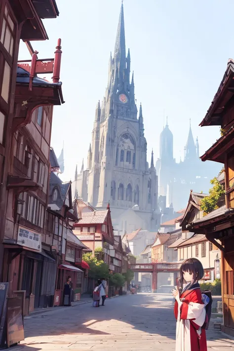 "A Japanese woman with short brown hair, wearing a modern outfit, standing in the middle of an ancient city in an alternate world. The city is filled with towering castles, floating islands, and futuristic machines blending with medieval architecture. She ...