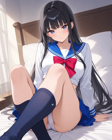  beautiful girl、 black hair、 long、 sailor suit、 sit on the bed、I'll show you my underwear