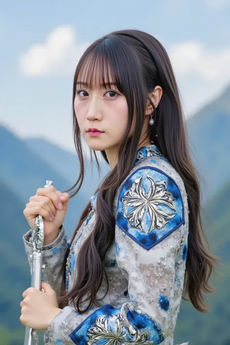 "A Japanese woman, now transformed into a warrior, wearing a custom fantasy armor with intricate designs. Her armor is a mix of silver and blue, with glowing elements. She holds a sword in one hand, and her hair is tied in a battle-ready ponytail. The back...