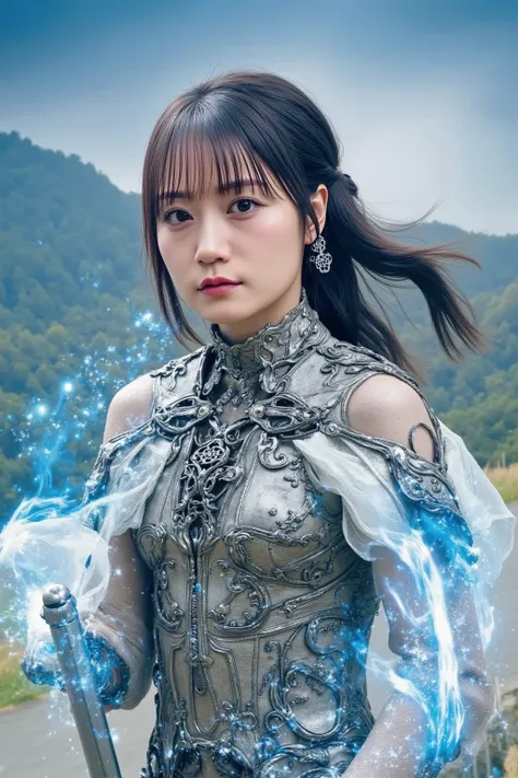 "A Japanese woman, now transformed into a warrior, wearing a custom fantasy armor with intricate designs. Her armor is a mix of silver and blue, with glowing elements. She holds a sword in one hand, and her hair is tied in a battle-ready ponytail. The back...