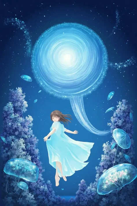 "A Japanese woman in a flowing white dress, floating in the middle of a glowing ocean in an alternate world. The ocean is sparkling with magical energy, and there are creatures like glowing jellyfish and strange sea monsters swimming around her. The sky ab...