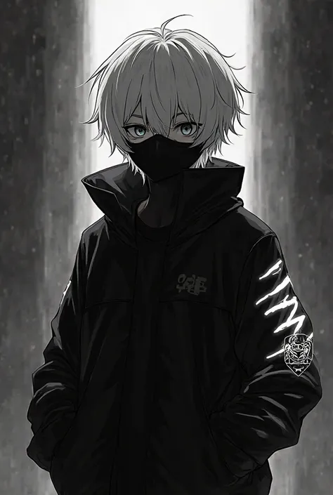 A white-haired anime boy in a black jacket, face covered with a mask, 
black and white style, tiger stripes glowing on his sleeves, 
high contrast, cinematic lighting, dramatic pose