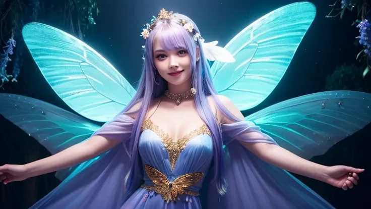 A dreamy, mystical spirit with large, glowing butterfly wings that shimmer in iridescent hues. Her lavender hair flows like silk, and her golden eyes shine with an enchanting warmth. She wears a delicate, flowing dress that seems to be woven from moonlight...