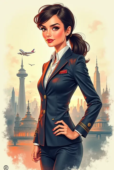 Foreshadowing picture of an aspiring flight attendant who transition into a supervisory position in tourism industry. Showing a redirected career success. Make it a drawing type