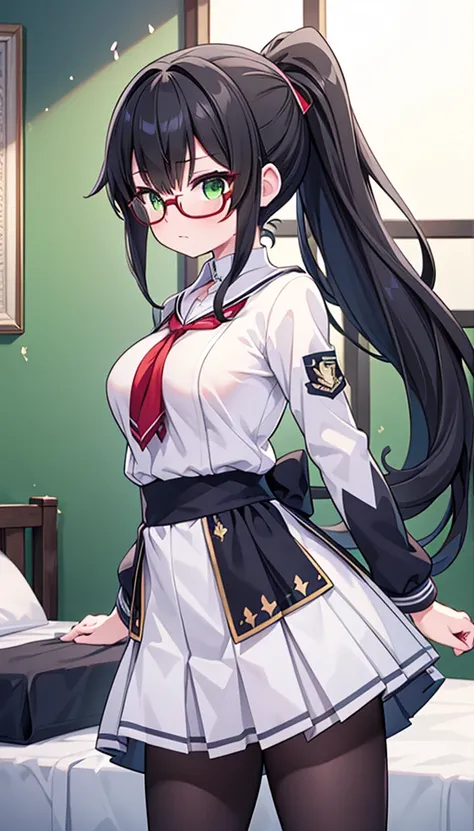  top quality combat bed,wonderful,Finely,extremely detailed CG  unity 8k wallpaper, 1 girl,  big boobs,( school uniforms:1.3),  watch viewers,  put your arm behind your back, dark hair,  glasses,  Green Eyes , double ponytail,  top quality combat bed, Supe...