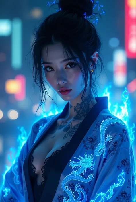 Cyberpunk fantasy character, female, glowing neon dragon tattoos, intense blue fire aura, intricate silk robe with floral embroidery, futuristic city lights in the background, anime-style, ultra-detailed, high contrast, ethereal lighting, sharp eyes, elega...