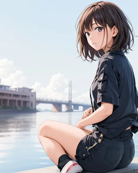 ((masutepiece, Best Quality, hight resolution, nffsw, Perfect Pixel,  4K, nffsw, nffsw))), 1girl in, Chihiro, anime, 14-year-old Japanese female junior high school student, alone, ennui, sunset sky, (((Asymmetrical short hair, black hair))), blue jacket, w...