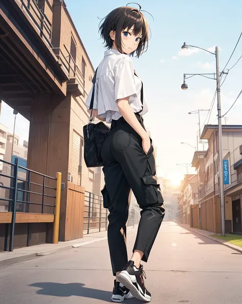 ((masutepiece, Best Quality, hight resolution, nffsw, Perfect Pixel,  4K, nffsw, nffsw))), 1girl in, Chihiro, anime, 14-year-old Japanese female junior high school student, alone, ennui, sunset sky, (((Asymmetrical short hair, black hair))), blue jacket, w...