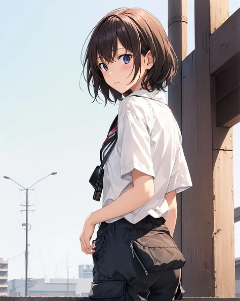 ((masutepiece, Best Quality, hight resolution, nffsw, Perfect Pixel,  4K, nffsw, nffsw))), 1girl in, Chihiro, anime, 14-year-old Japanese female junior high school student, alone, ennui, sunset sky, (((Asymmetrical short hair, black hair))), blue jacket, w...